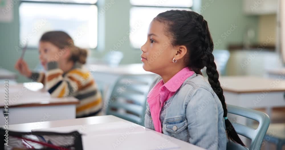 Poster answer, education and girl student in classroom for question at desk for development, learning or st