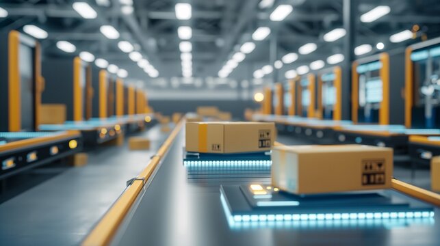 Automated Fulfillment: A futuristic warehouse with a conveyor belt carrying packages, showcasing the efficiency and automation of modern logistics.