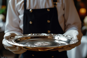 Close up of serving tray hold by butler hands, metal plate serving butler.