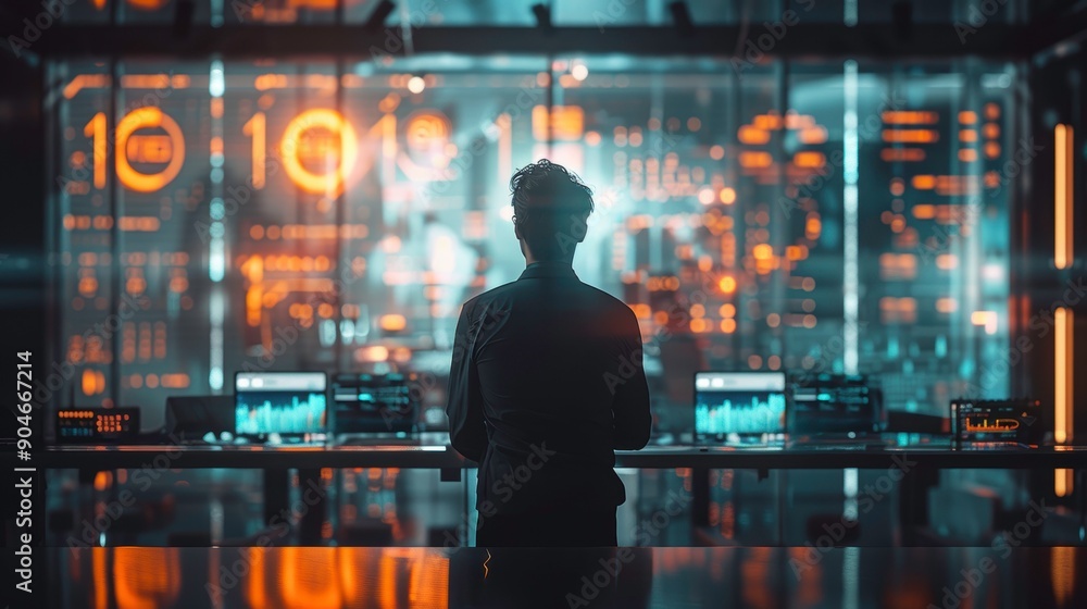 Poster a silhouette of a person standing before high-tech screens displaying data in a futuristic environme