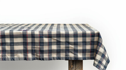 A checkered tablecloth is laid out on a wooden table. The tablecloth is red and black with white squares