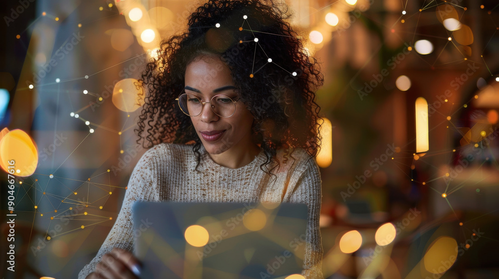 Poster professional woman using a mobile device and laptop, visualizing digital network connections and dat