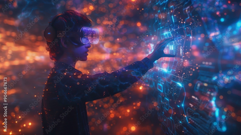 Poster a young person interacts with a glowing digital interface, exploring technology and imagination in a