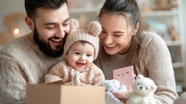 Joyful Family Moments: Young Couple with Baby Unpacking Online Shopping Orders in Cozy Apartment, Generate Ai - Powered by Adobe