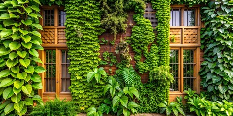 Fototapeta premium Lush green ivy-covered house, blending with nature and creating a sustainable, eco-friendly aesthetic that promotes harmony between architecture and the natural environment.