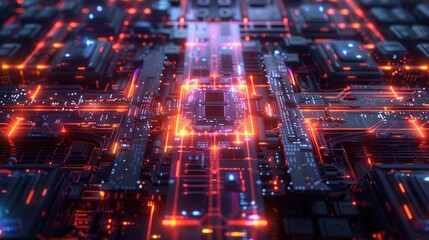 Fototapeta premium Digital fortress protected by AI-powered defense mechanisms amidst a network of glowing data streams.