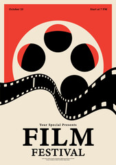 Movie and film festival poster template design background. Film reel and filmstrip vintage retro style