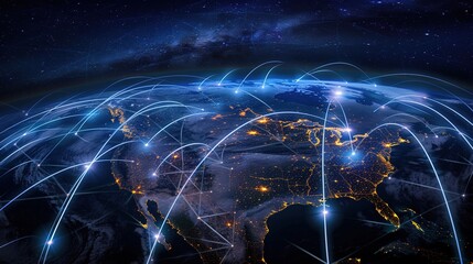 Aerial view of a global network of blue lines connecting various countries, symbolizing the interlinked nature and reach of digital marketing.global business communication network