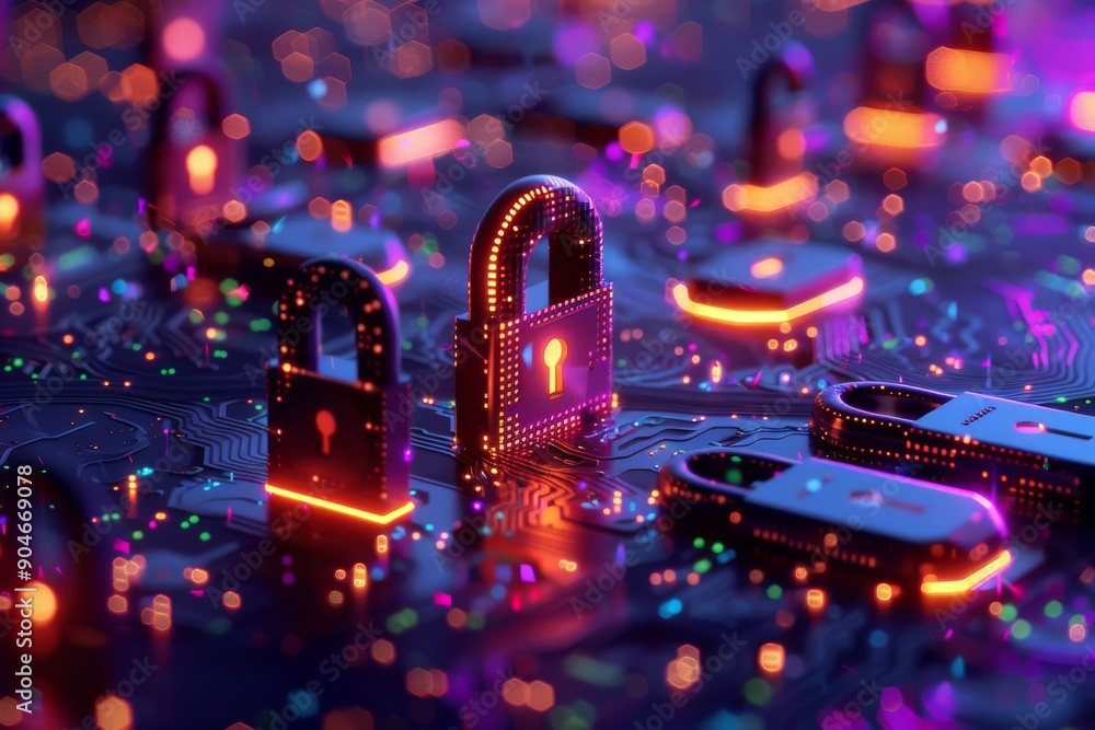 Poster neon blue digital padlock centralizing control over networked data, focusing on cybersecurity