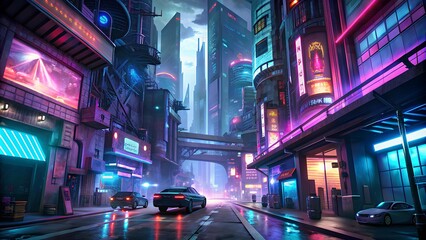 Vibrant futuristic cyberpunk cityscape illuminated with neon lights