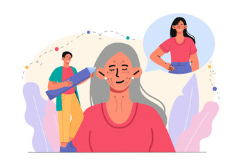 Elderly woman with face lift. Pensioner and senior with plastic surgery. Beauty procedures. Fighting wrinkles and acne, rejuvenation. Flat vector illustration