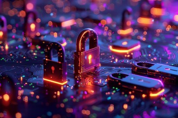 Neon blue digital padlock centralizing control over networked data, focusing on cybersecurity