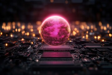 Obraz premium A vibrant pink sphere hovers over a circuit board, symbolizing the fusion of technology and digital creativity.