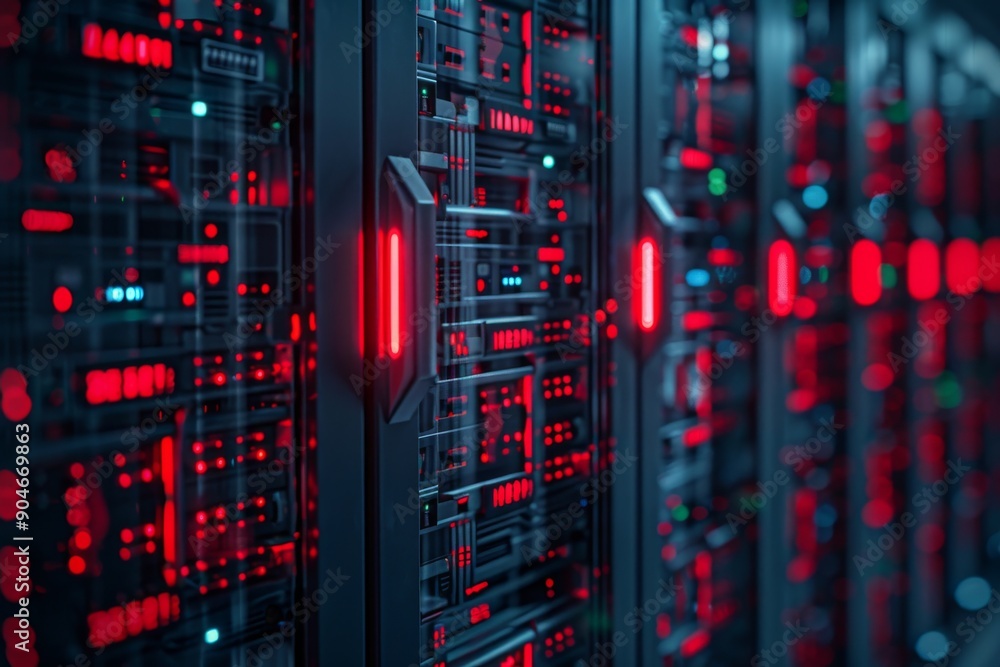 Poster red digital screens in server room, symbolizing network security and data management technology