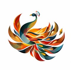 Colorful abstract peacock illustration with vibrant feathers on a white background, showcasing artistic and elegant design.
