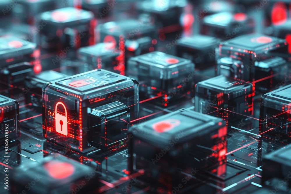 Poster network of red neon padlocks on dark digital background symbolizing interconnected cyber security