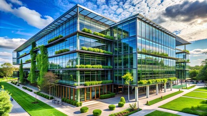 Fototapeta premium Glass eco-office building. Contemporary eco-office with glass facades, sustainable architecture, green design promoting energy-efficient solutions