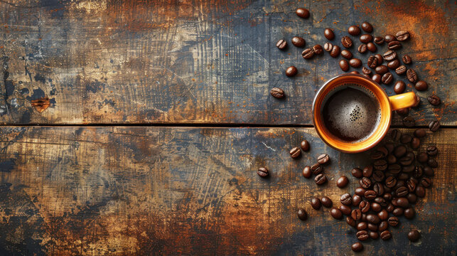 A mug of coffee sits on a wooden table with a pile of coffee beans next to it. Concept of warmth and comfort, as the mug of coffee is a common beverage associated with relaxation and enjoyment