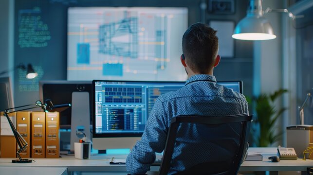 Engineer workspace working on new product, analyzing data