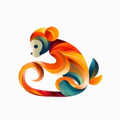 Vibrant abstract art of a sitting monkey with colorful flowing lines blending orange, red, and blue hues on a white background.
