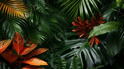Fototapeta premium Tropical Leaf Arrangement A Lush Jungle Composition with Vibrant Hues, Jungle , Tropical , Leaf , Nature