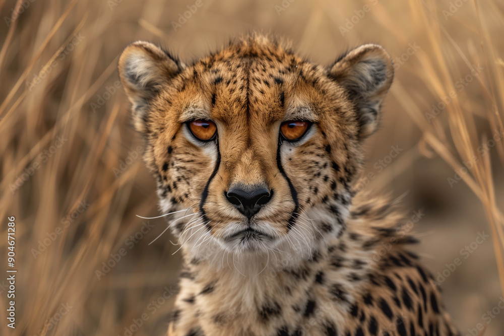 Poster cheetah is staring at the camera with its mouth open. the cheetah is in a field of tall grass