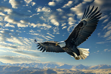 Fototapeta premium large eagle is flying in the sky with its wings spread wide. The sky is cloudy, and the eagle is soaring high above the clouds. Concept of freedom and power, as the eagle takes flight