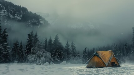 121. Snow Camping, realistic style, earth tones, nature-inspired pattern, medium shot, natural light, fog,