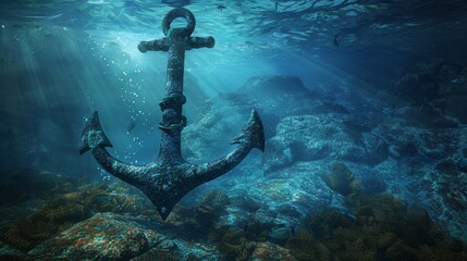 Underwater Anchor in a Sunlit Seabed, 3D illustration, deep sea, ocean, coral reefs , anchor, sea life