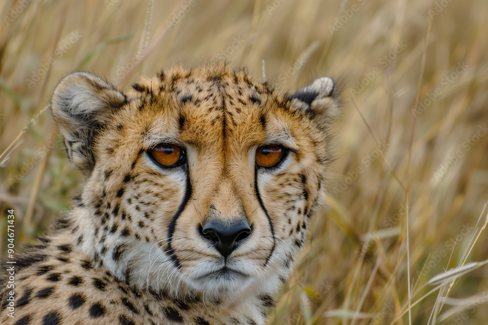 Poster cheetah is staring at the camera with its mouth open. the cheetah is in a field of tall grass