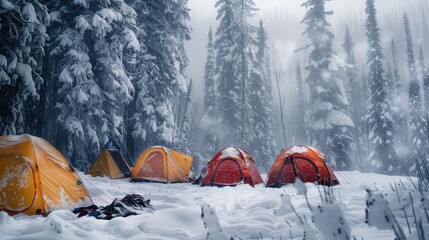 121. Snow Camping, realistic style, earth tones, nature-inspired pattern, medium shot, natural light, fog,