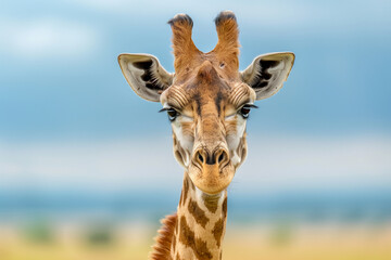 Fototapeta premium giraffe is standing in a field of tall grass. The giraffe is looking directly at the camera, and its head is tilted slightly to the left. The scene is peaceful and serene