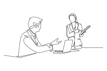 Business meeting, negotiation concept. Single line draw design vector graphic illustration.