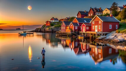 Fototapeta premium Beautiful coastal village at sunset, featuring vibrant red houses reflecting on calm water, with a serene atmosphere and scenic beauty, ideal for peaceful living. 