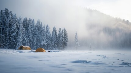 121. Snow Camping, realistic style, earth tones, nature-inspired pattern, medium shot, natural light, fog,