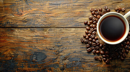 A mug of coffee sits on a wooden table with a pile of coffee beans next to it. Concept of warmth and comfort, as the mug of coffee is a common beverage associated with relaxation and enjoyment