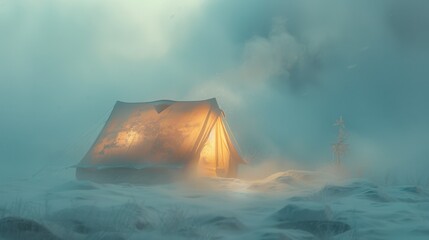 122. Winter Tent, realistic style, muted tones, abstract shapes, high angle, bright light, smoke,