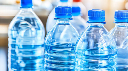 production line bottling beverages into plastic bottles, showcasing a focus on efficiency and modern manufacturing in a clean, well-organized environment