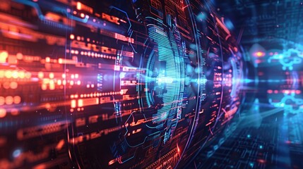 Digital fortress with AI-driven defense mechanisms repelling a coordinated cyber attack.