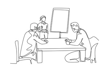 Business meeting, negotiation concept. Single line draw design vector graphic illustration.