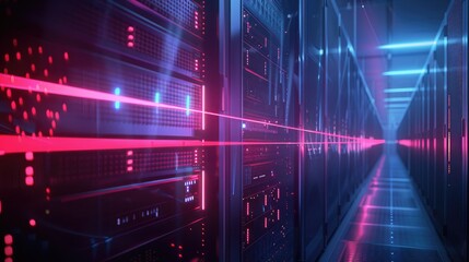 Digital fortress with laser barriers protecting critical data repositories from cyber intrusions.