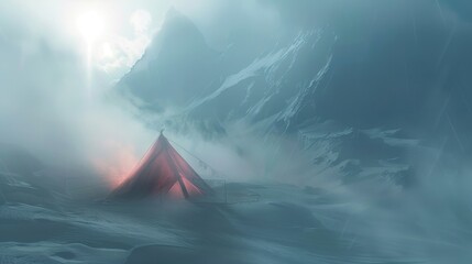 122. Winter Tent, realistic style, muted tones, abstract shapes, high angle, bright light, smoke,