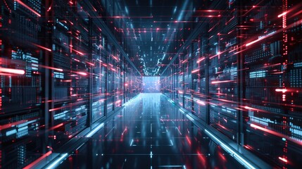 Digital fortress with laser barriers protecting critical data repositories from cyber intrusions.
