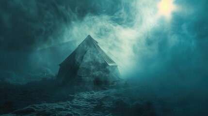 122. Winter Tent, realistic style, muted tones, abstract shapes, high angle, bright light, smoke,