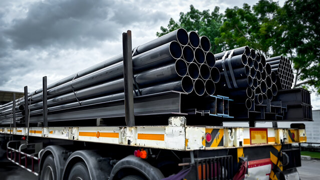 Construction products on transport vehicles Group of steel pipes for industrial materials Construction engineering products  equipment, steel pipes, metal warehouse industry, delivery to customers