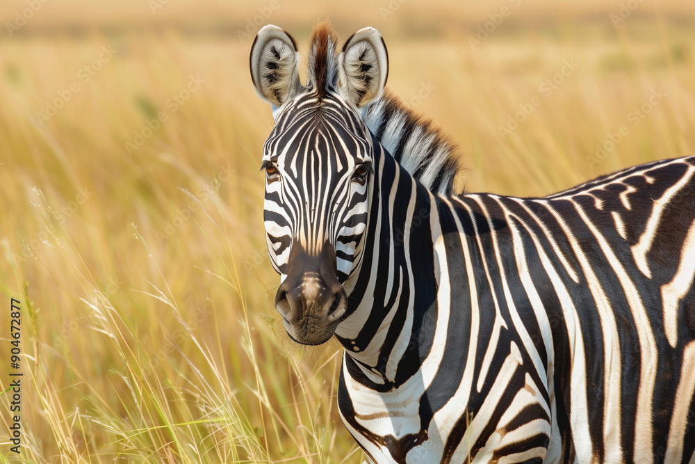 Poster zebra is standing in a field of tall grass. the zebra is looking directly at the camera, and the sky