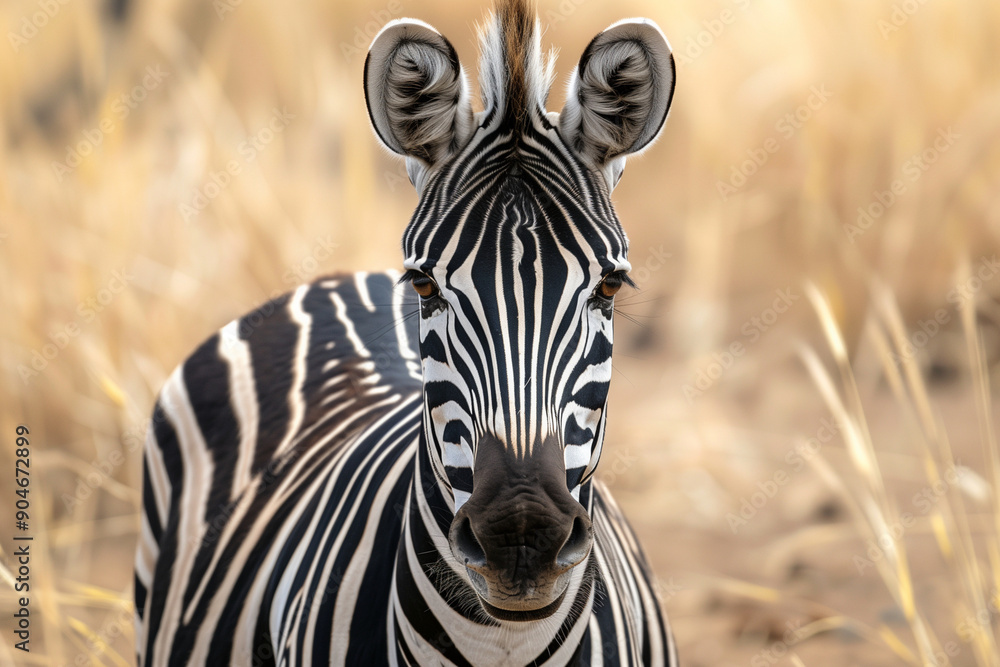 Poster zebra is standing in a field of tall grass. the zebra is looking directly at the camera, and the sky