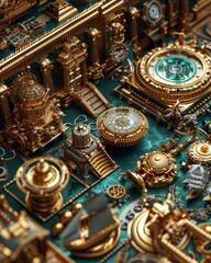 Capture the intrigue of famous gold artifacts through a dynamic rear-view perspective Highlight the intricate details and hidden histories in a captivating composition