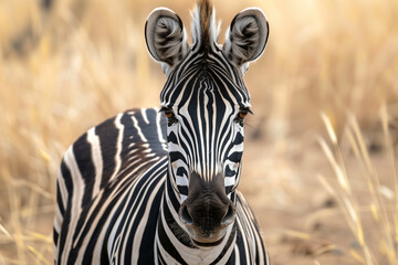 Naklejka premium zebra is standing in a field of tall grass. The zebra is looking directly at the camera, and the sky is blue with some clouds