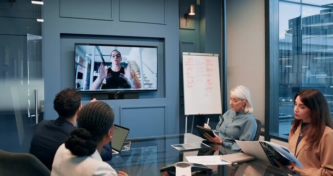 Office, people and television screen on webinar or conference meeting for virtual consultation and planning. Business, employees and discussion with questions for strategy, collaboration and teamwork